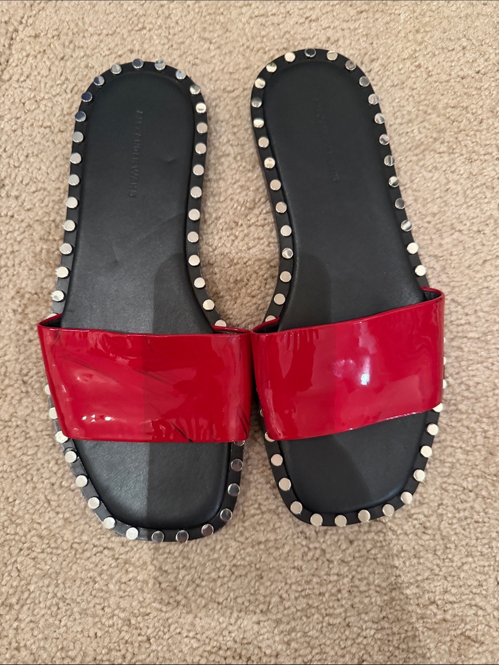 New Alexander Wang Lola Tango Red Patent Slide Sandals with Studded Trim Size 37